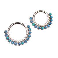 Double row peacock blue opal and clear CZ stones clicker earring by Body Clickers, 16g, showcasing sparkling stones and sleek design.