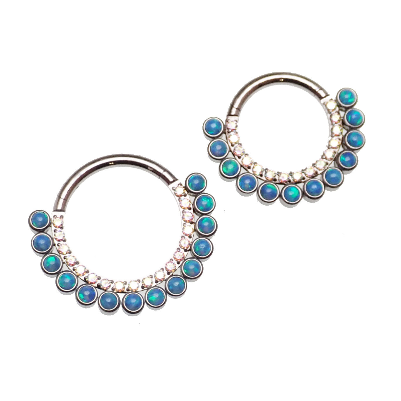 Double row peacock blue opal and clear CZ stones clicker earring by Body Clickers, 16g, showcasing sparkling stones and sleek design.