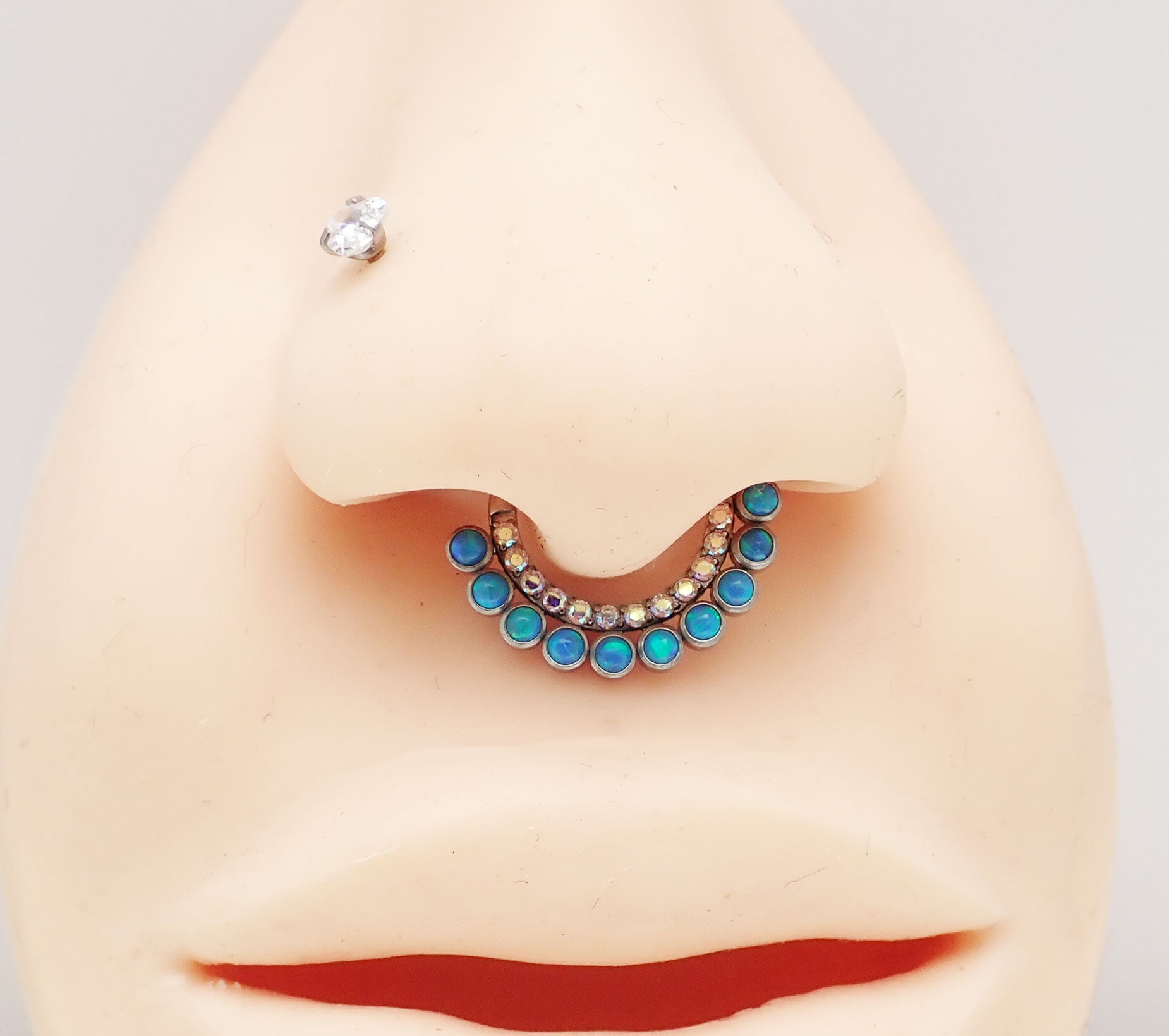 Double row peacock blue opal and clear CZ stones body clicker earring, 16g, by Body Clickers with 8mm design.