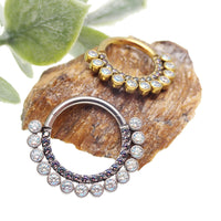 Double row rainbow CZ and AB crystals on Body Clickers 16g clicker jewelry, showcasing vibrant, sparkling gemstone design.
