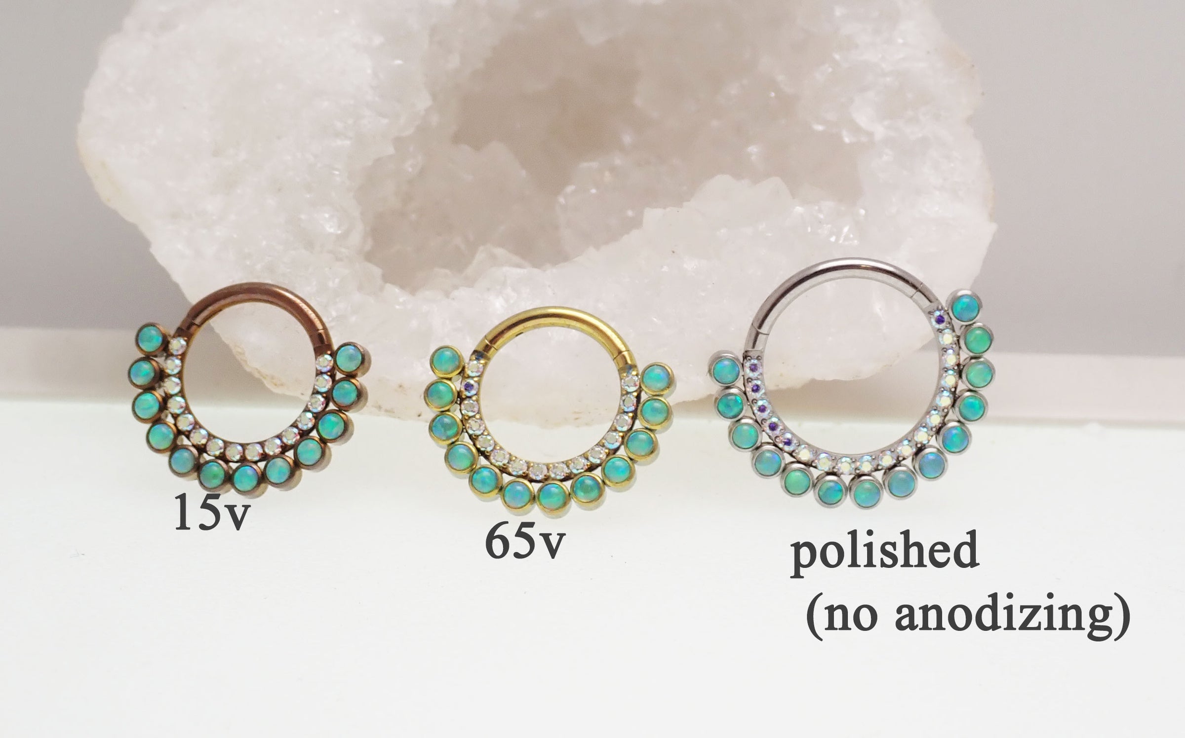 Kiwi green opals and rainbow CZ double row clicker earrings in 16g body jewelry by Body Clickers, featuring vibrant gemstones.