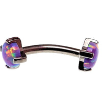 Titanium curve barbell with blue opal prong set, 16 gauge from Body Clickers, featuring a sleek curved design and gemstone accents.