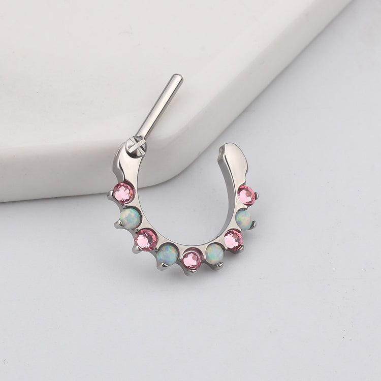 Pink CZ and opal-lined 16g clicker from Body Clickers, featuring a sleek design for body jewelry and piercing accessories.