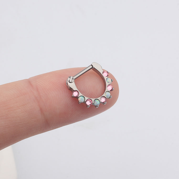 Pink CZ and opal lined 16g body clicker jewelry with a sleek design for body piercing, by Body Clickers.