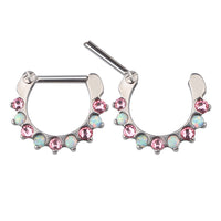 Pink CZ and opal-lined clicker earring from Body Clickers, 16g, with shiny pink stones and elegant design.