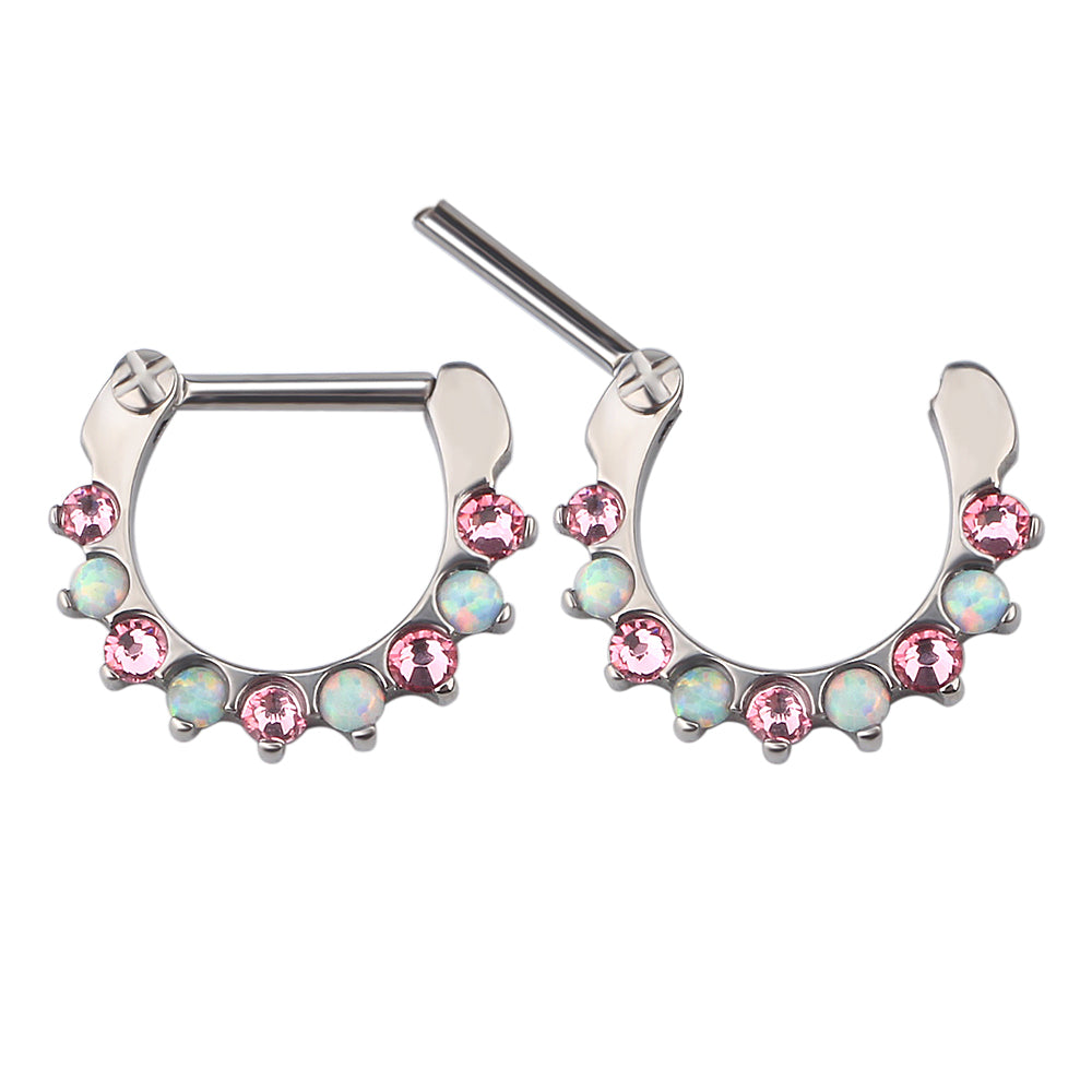 Pink CZ and opal-lined clicker earring from Body Clickers, 16g, with shiny pink stones and elegant design.