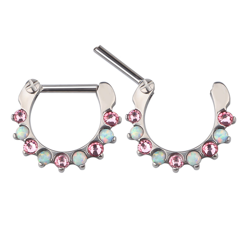 Pink CZ and opal-lined clicker earring from Body Clickers, 16g, with shiny pink stones and elegant design.