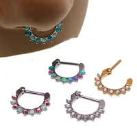 Pink CZ and opal-lined stainless steel clicker earrings for body piercing, 16g from Body Clickers.