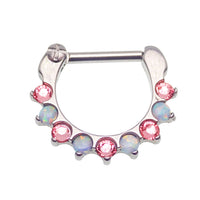 Pink CZ and opal lined clicker jewelry in 16g, designed by Body Clickers, featuring a polished and elegant piercing accessory.