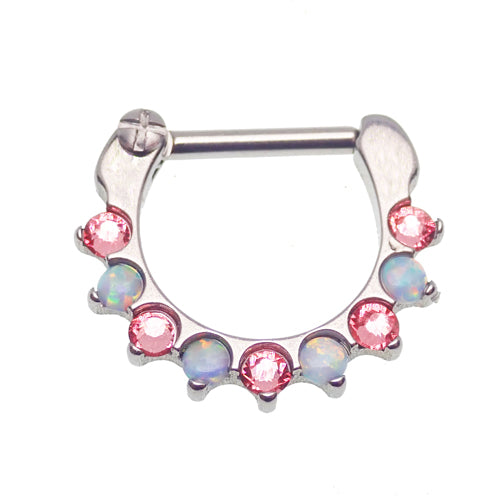 Pink CZ and opal lined clicker jewelry in 16g, designed by Body Clickers, featuring a polished and elegant piercing accessory.