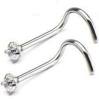 Titanium nose screw with 4-prong crystal set, body jewelry featuring a sleek metal design and sparkling gemstone detail