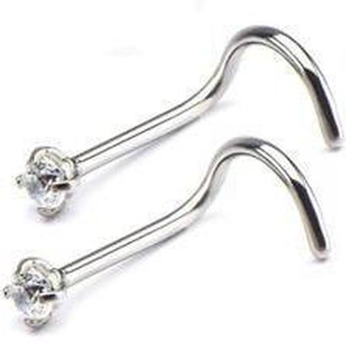 Titanium nose screw with 4-prong crystal set, body jewelry featuring a sleek metal design and sparkling gemstone detail