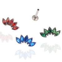 Colorful CZ Lotus titanium flatback earrings in blue, red, and green with 18g, 16g, and 14g sizes by Body Clickers.