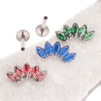 Blue, red, and green CZ Lotus titanium flatback earrings in 14g, 16g, and 18g by Body Clickers, featuring vibrant gemstones and modern design.