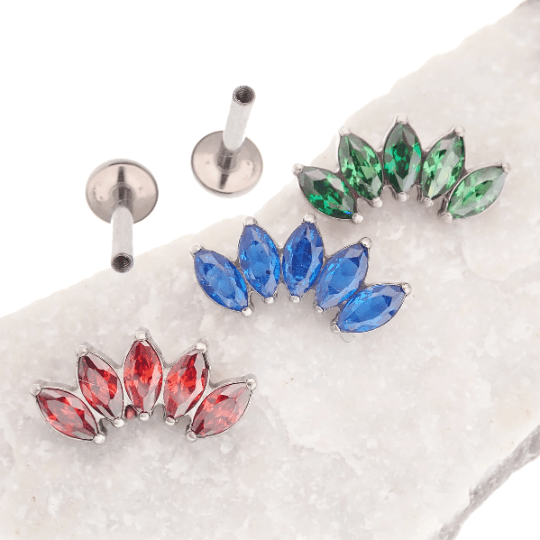 Blue, red, and green CZ Lotus titanium flatback earrings in 14g, 16g, and 18g by Body Clickers, featuring vibrant gemstones and modern design.