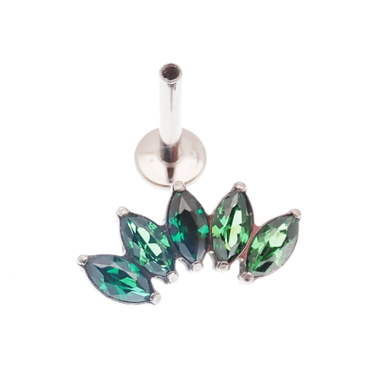 Body Clickers blue, red, green CZ Lotus titanium flatback earrings in 14g, 16g, 18g sizes, showing colorful jewelry design.
