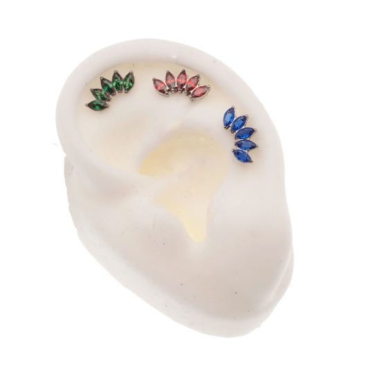 Blue, red, and green CZ Lotus titanium earrings with flatback design in 14g, 16g, and 18g sizes.