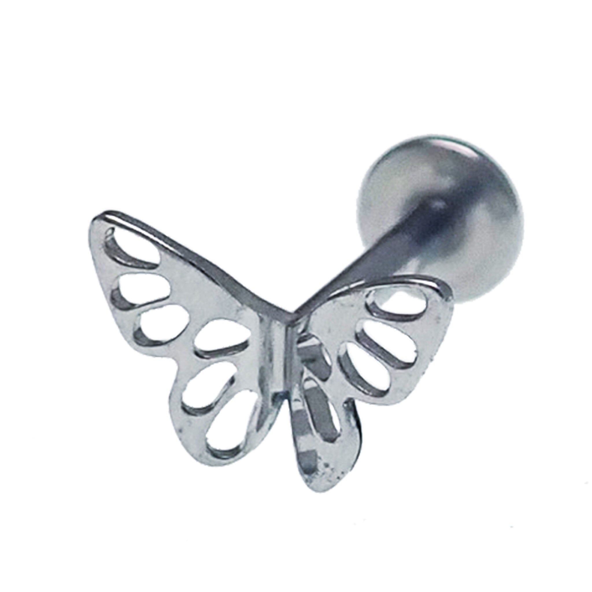 Butterfly titanium flatback earrings in 14g, 16g, and 18g sizes from Body Clickers, shown in silver with smooth finish.