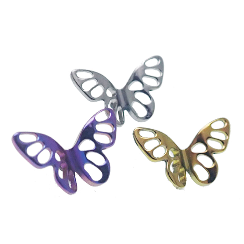 Butterfly titanium flatback piercing earrings in 14g, 16g, and 18g sizes with silver-tone butterfly design for body jewelry.