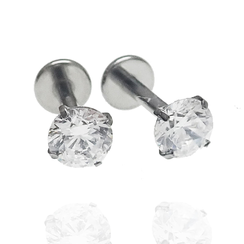 Pair of clear CZ crystal push-fit titanium earrings in 14g to 20g, featuring 2.5mm gems and 6mm size from Body Clickers.