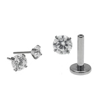 Pair of clear CZ crystal push-fit titanium earrings in 14g to 20g with 2.5mm gems, designed for body jewelry piercings.