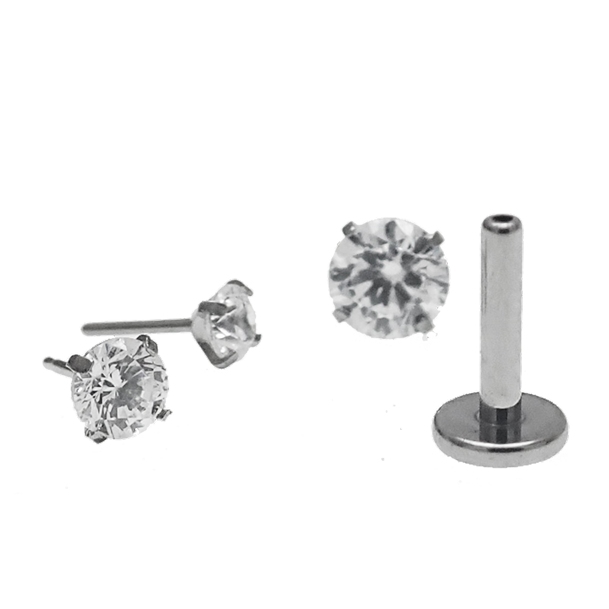 Pair of clear CZ crystal push-fit titanium earrings in 14g to 20g with 2.5mm gems, designed for body jewelry piercings.