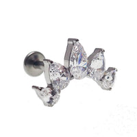 Clear CZ peardrop crown earrings with push fit titanium flatback in 14g to 20g, featuring sparkling cubic zirconia details.