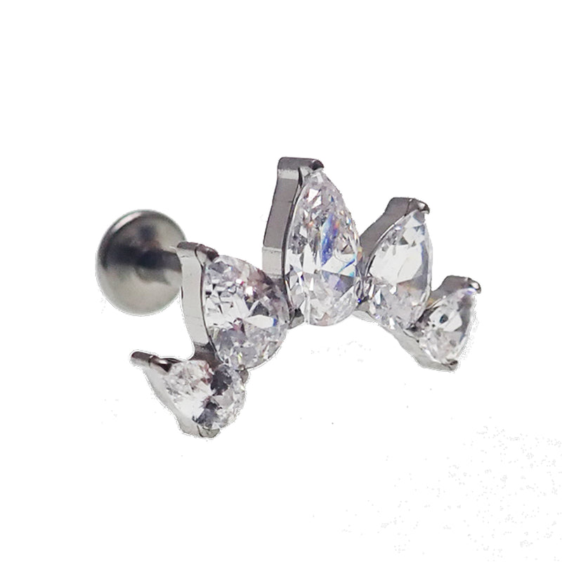 Clear CZ peardrop crown earrings with push fit titanium flatback in 14g to 20g, featuring sparkling cubic zirconia details.