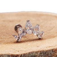 Clear CZ peardrop crown earrings by Body Clickers, push fit titanium flatback jewelry in 14g to 20g sizes.