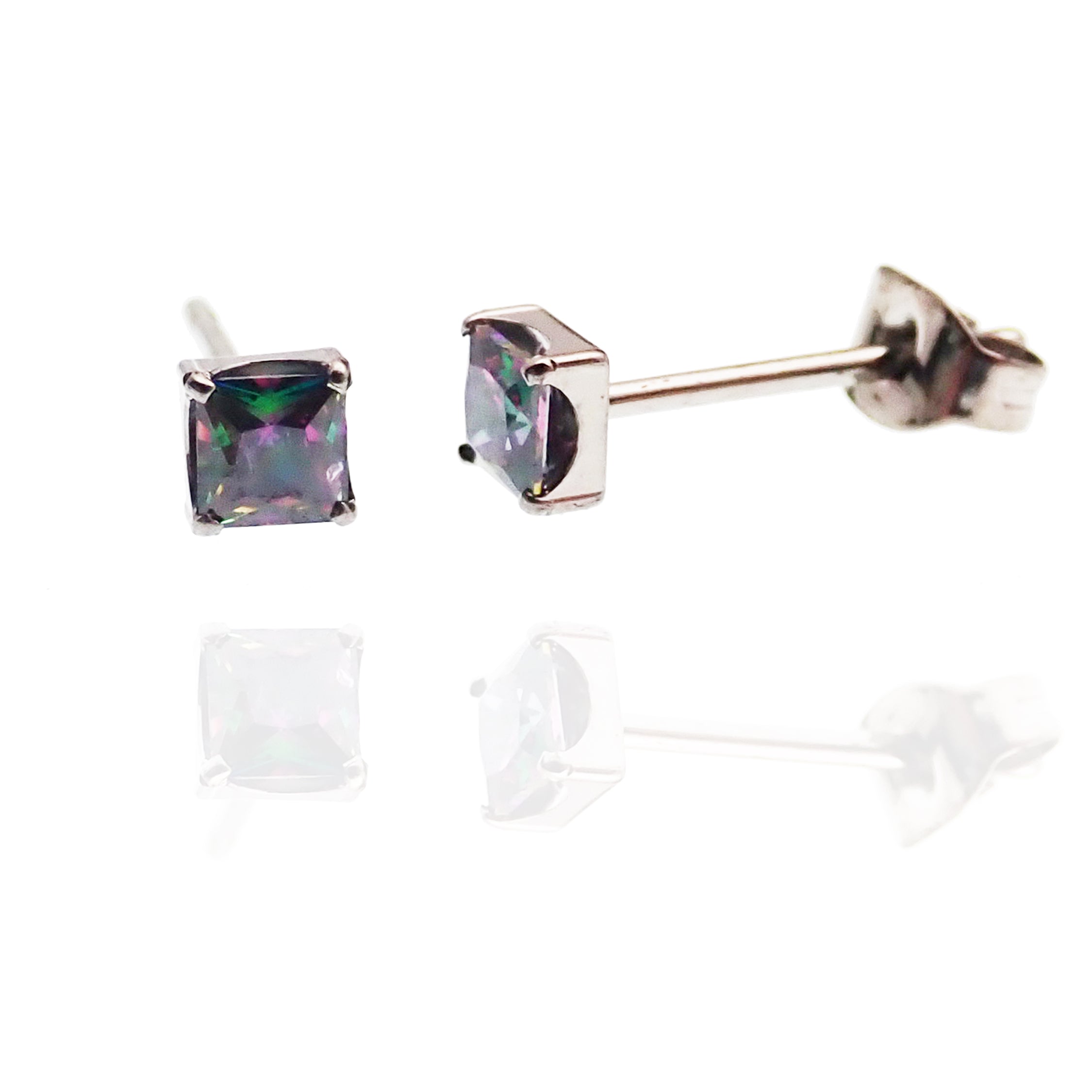 Pair of Square CZ Titanium Earrings by Body Clickers featuring amethyst-colored gemstones and sleek modern design.