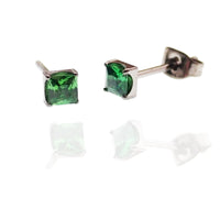 Pair of square-shaped CZ titanium earrings by Body Clickers featuring amethyst accents, stylish and lightweight jewelry.