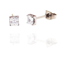 Pair of square-shaped titanium earrings with purple CZ stones from Body Clickers, showcasing elegant jewelry design.