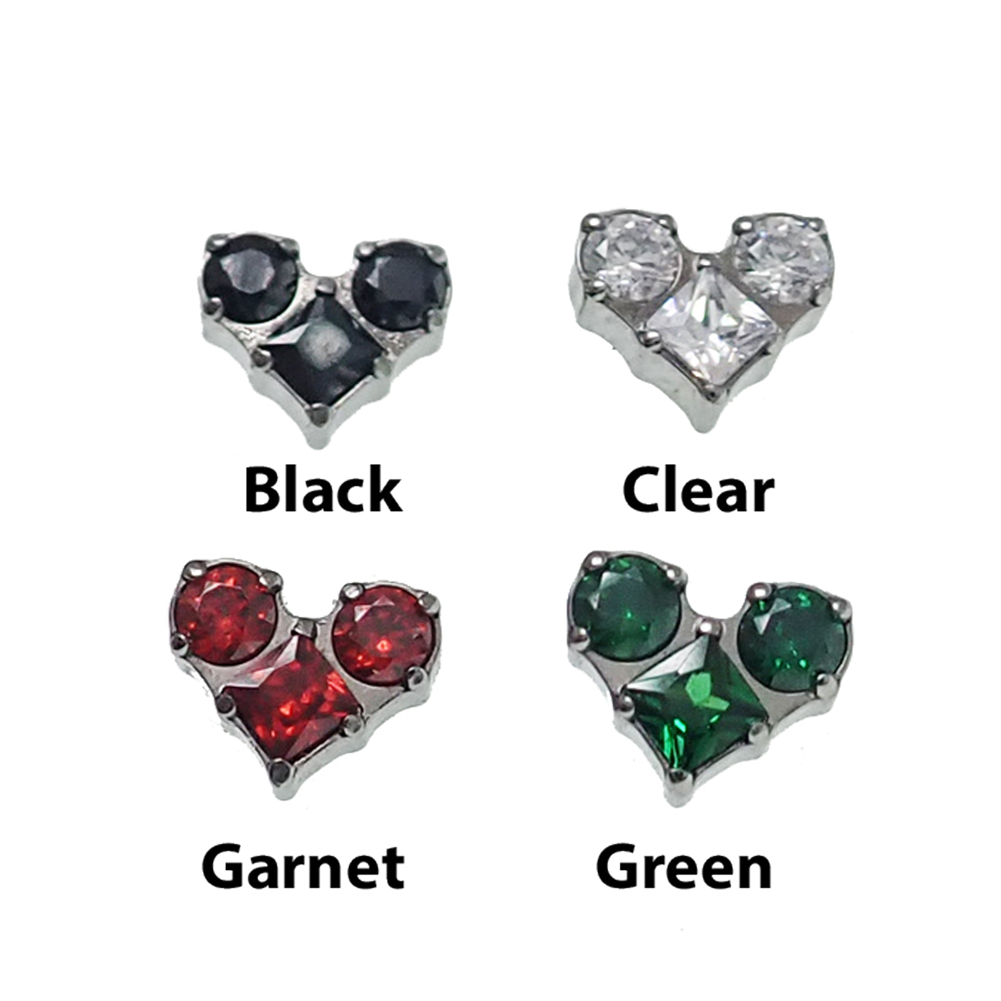 Titanium flatback love heart earrings in 14g, 16g, 18g with CZ stones, by Body Clickers, shown in a close-up image.