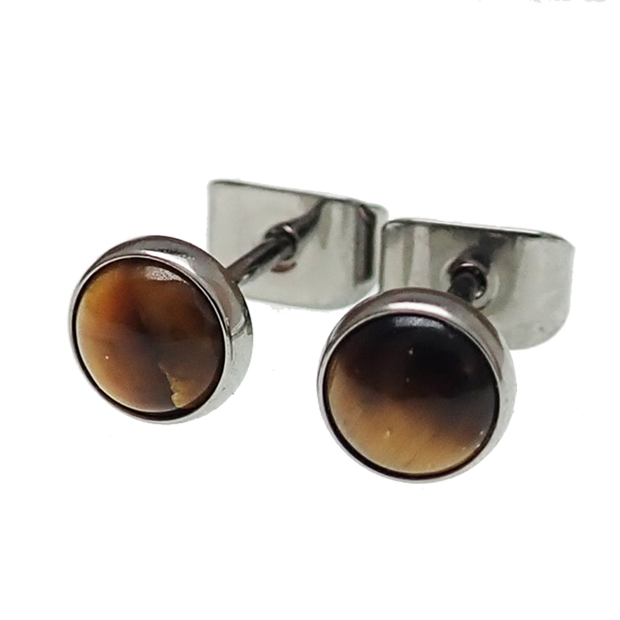 Pair of Tiger's Eye titanium earrings by Body Clickers, featuring smooth oval stones and sleek metal hooks.