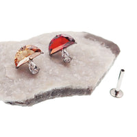 Body Clickers Mushroom CZ Titanium Flatback Helix earrings in 18g, 16g, 14g with champagne-colored mushroom design.