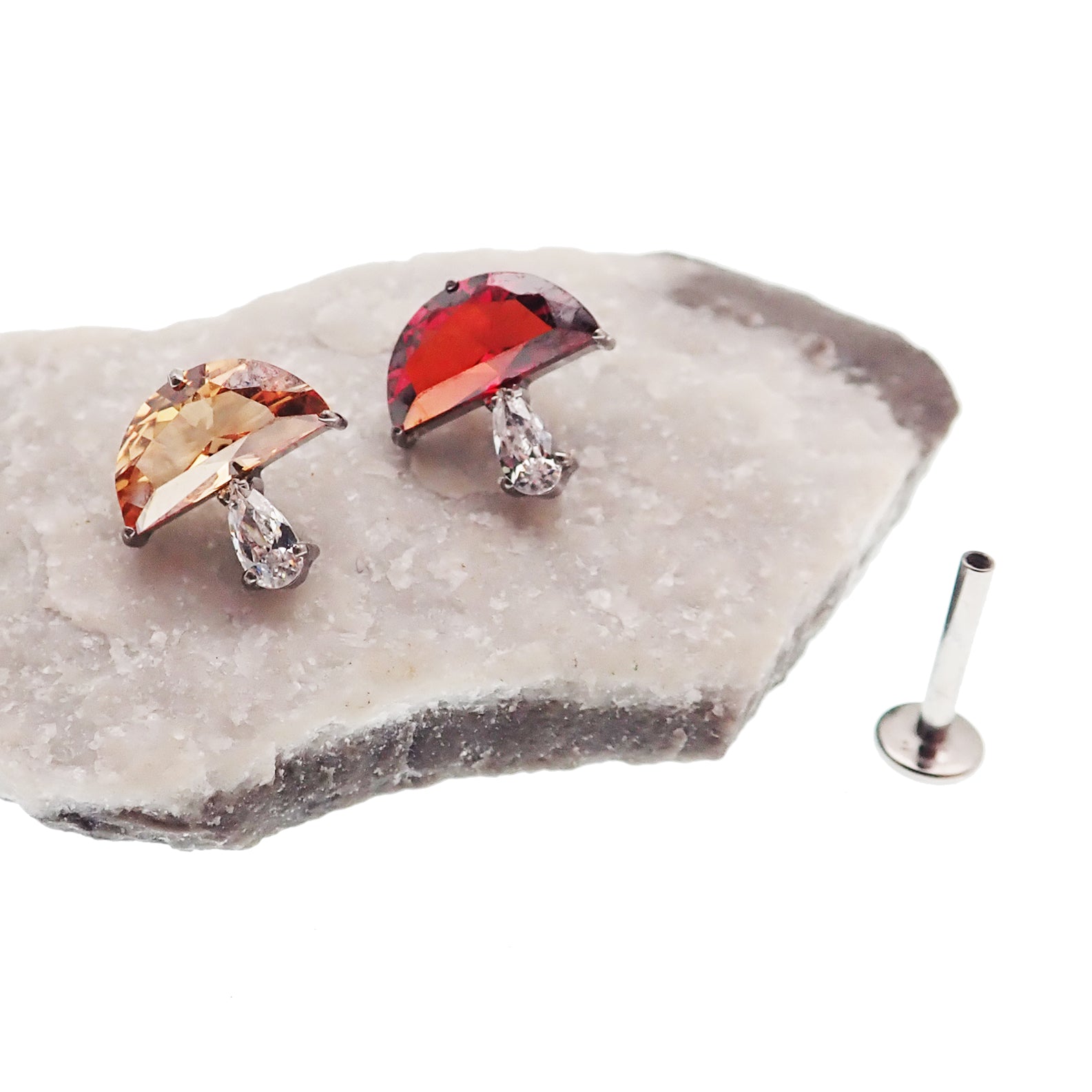 Body Clickers Mushroom CZ Titanium Flatback Helix earrings in 18g, 16g, 14g with champagne-colored mushroom design.