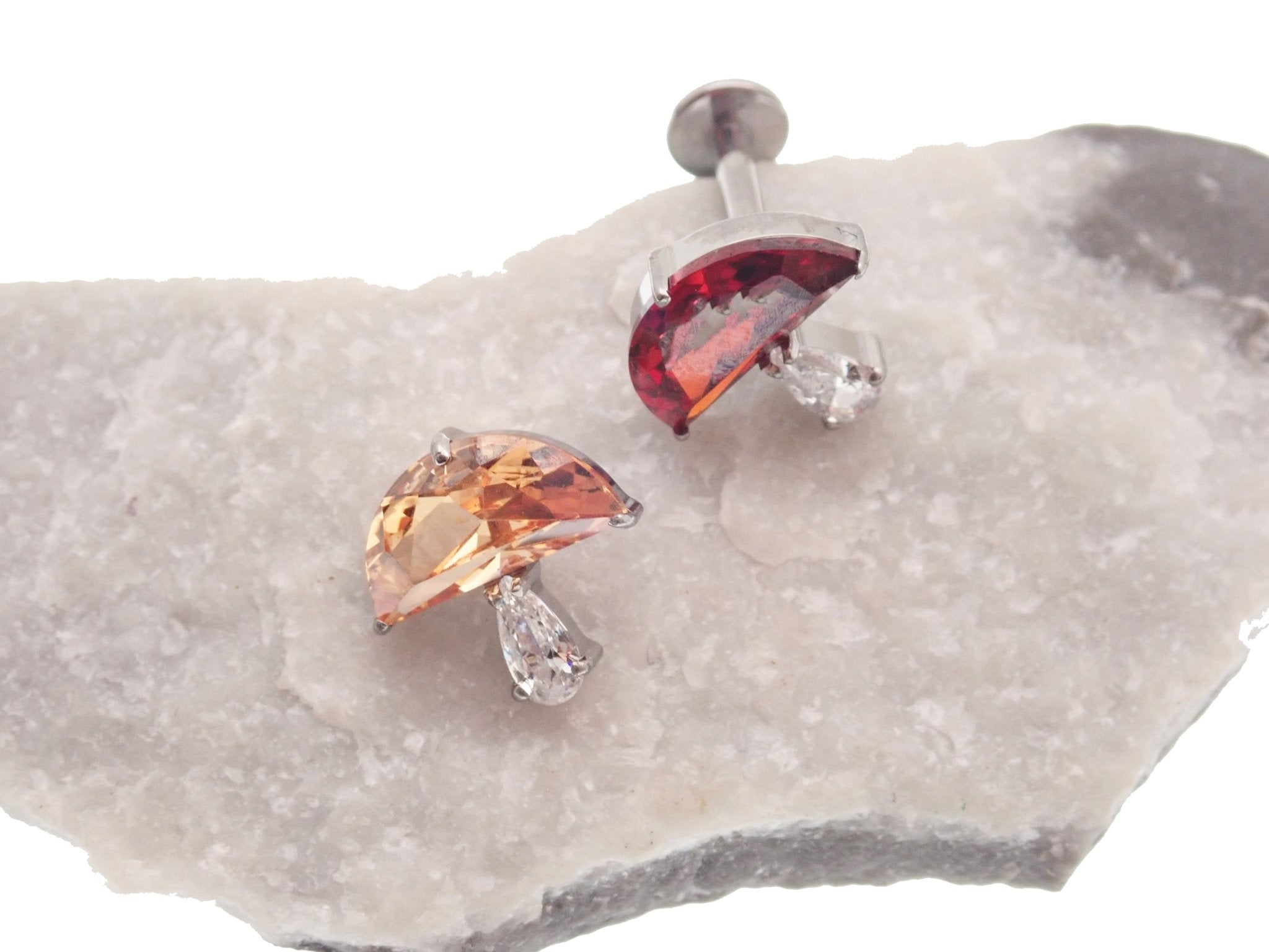Titanium Flat Back Helix earrings with champagne mushroom CZ, available in 14g, 16g, and 18g sizes, by Body Clickers