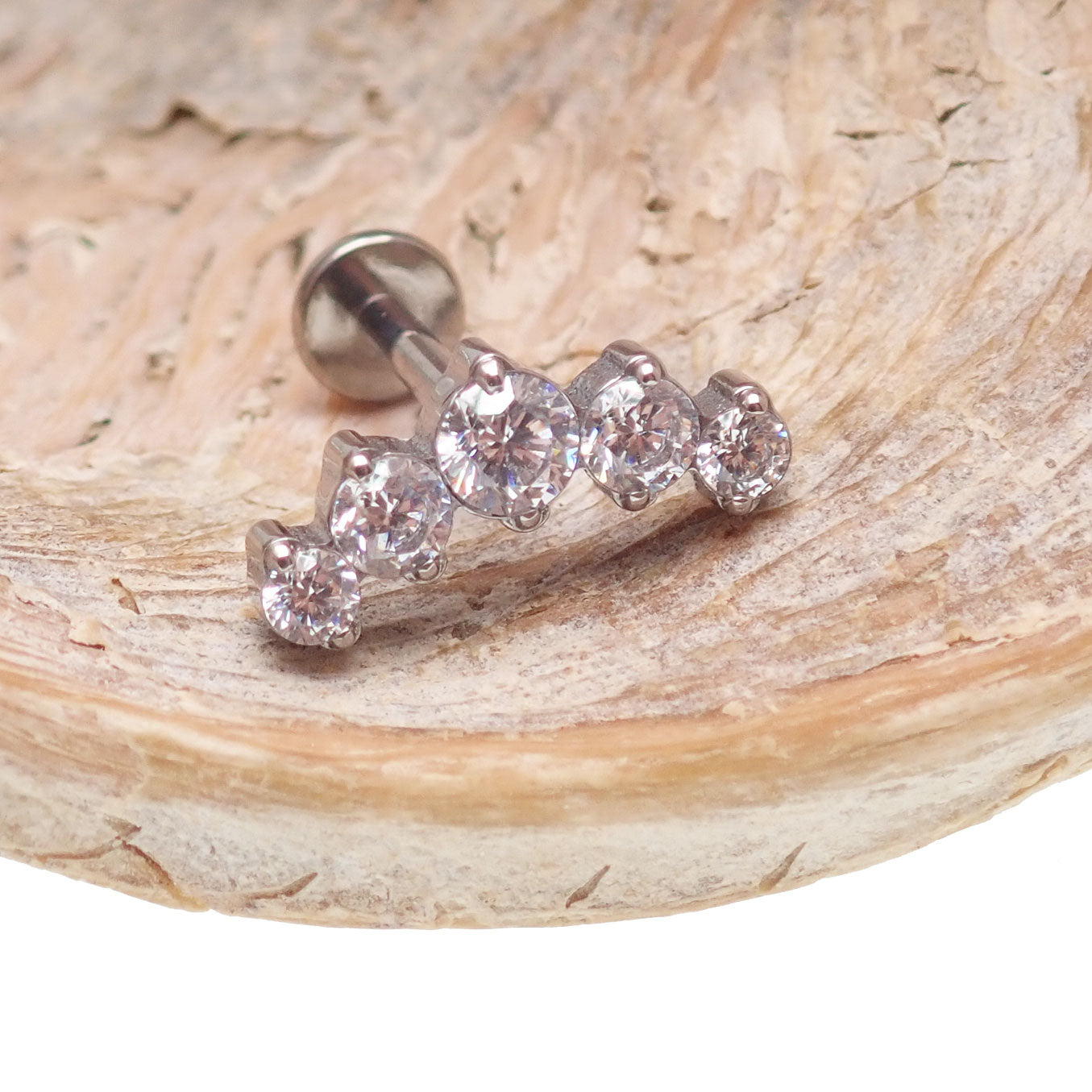 Titanium Push Fit Blaze CZ flat back helix piercing by Body Clickers, 20G, 6mm with sparkling CZ gemstone.