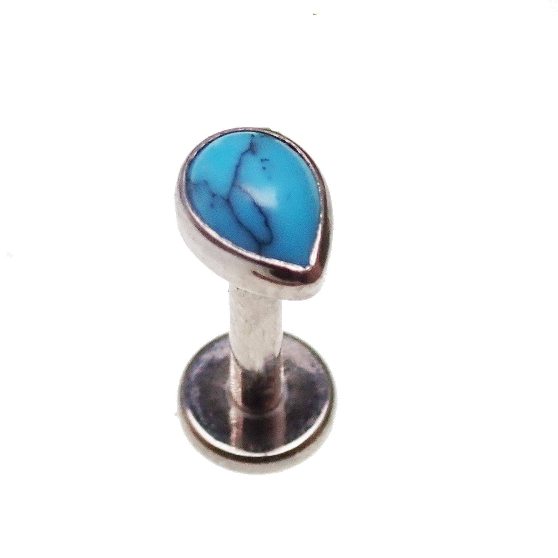 Titanium turquoise tear drop flat back labret by Body Clickers, 18g, 1mm thickness, 6mm length, smooth flat back design