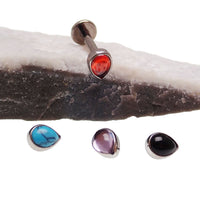 Titanium turquoise tear drop flat back labret earring by Body Clickers, 18G, 1mm thickness, 6mm length, with smooth flat back design.