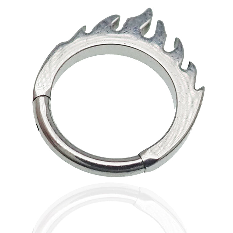 Flaming Fire Titanium Hinged Clicker by Body Clickers, 16g, with fiery flame design and 8mm gauge for body piercing jewelry.