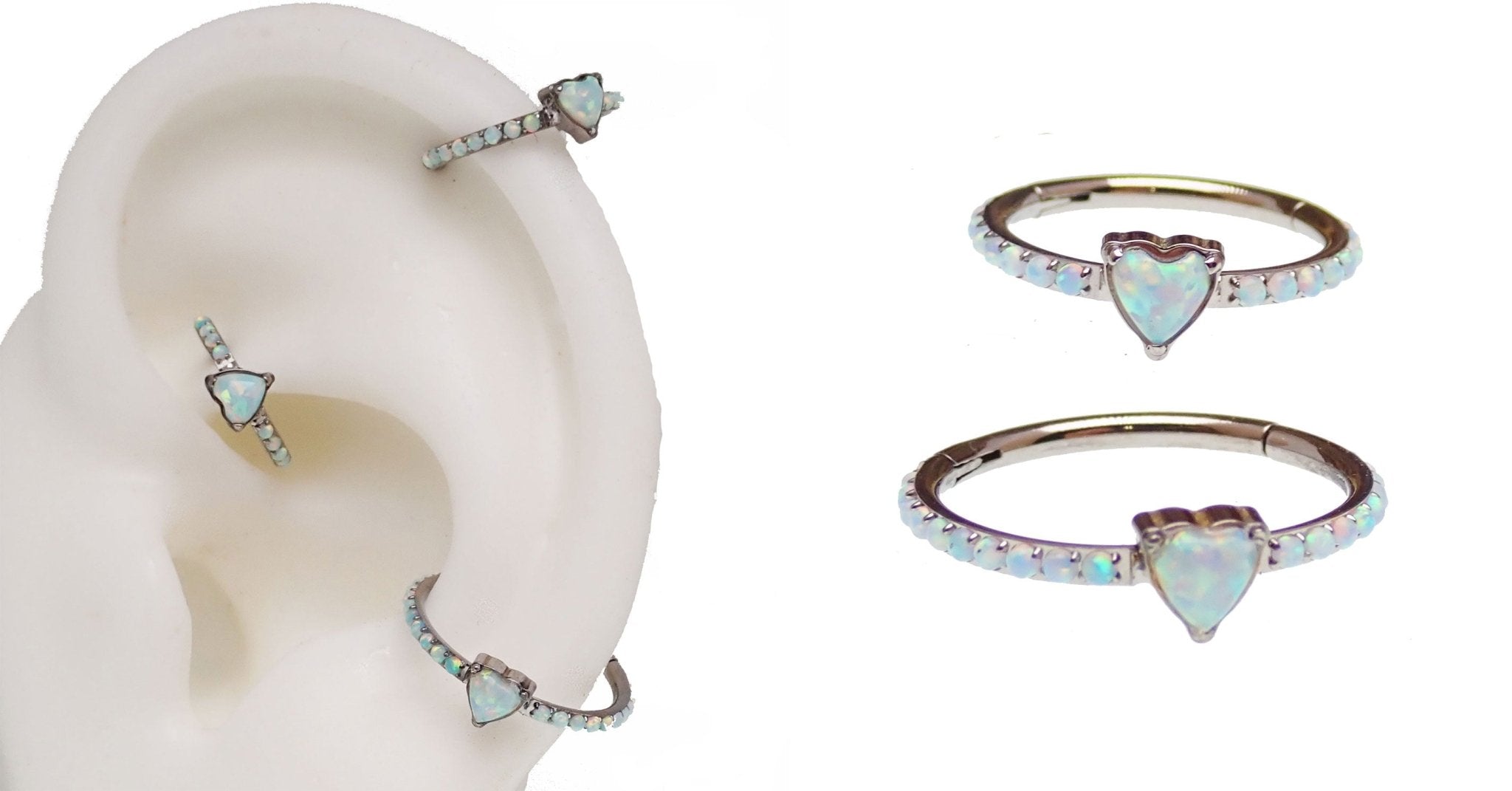 Titanium Heart Opal Hinged Clicker earring by Body Clickers, 16g, featuring a heart-shaped opal gemstone and sleek design.