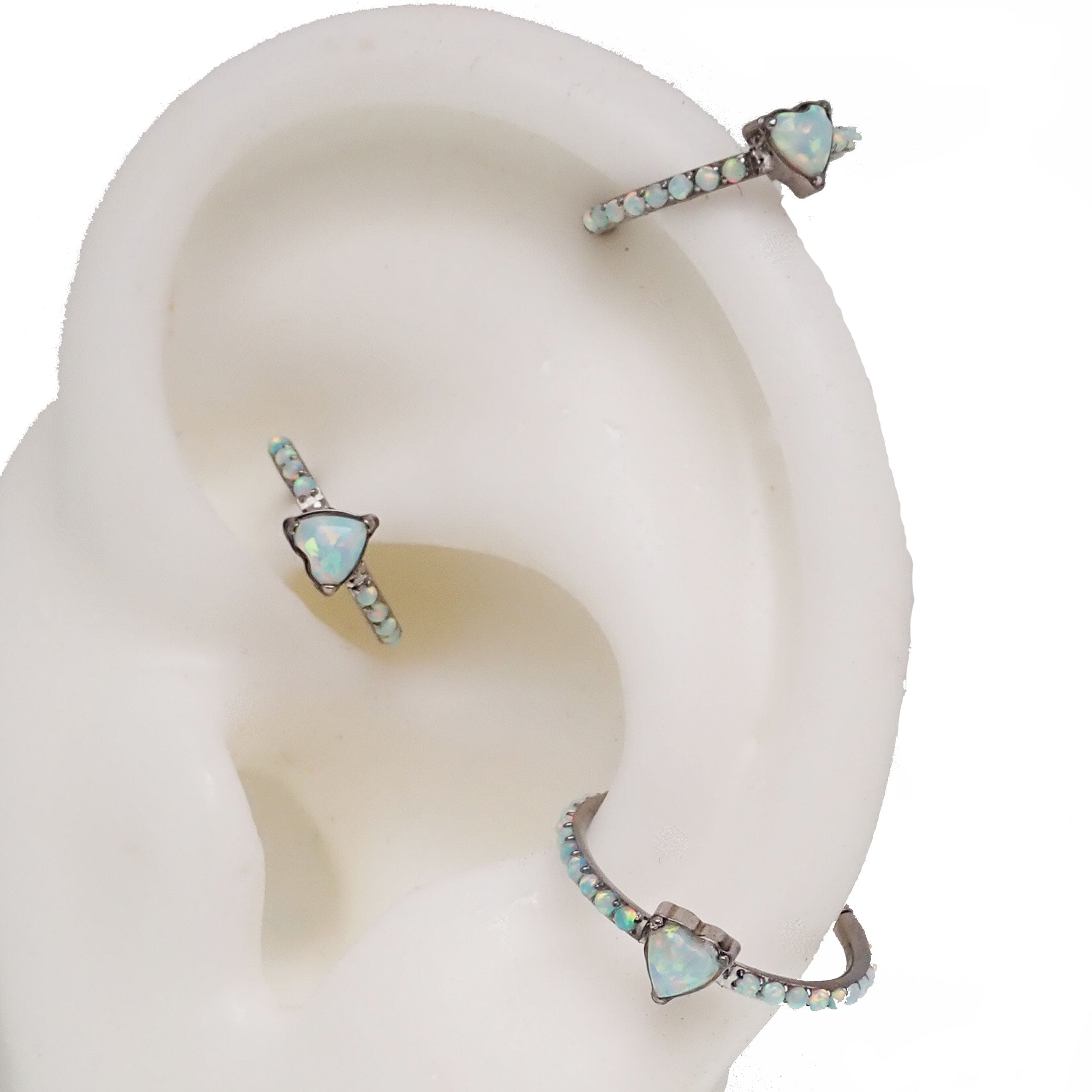 Titanium heart-shaped opal hinged clicker earring in 16g body jewelry by Body Clickers with 8mm size.