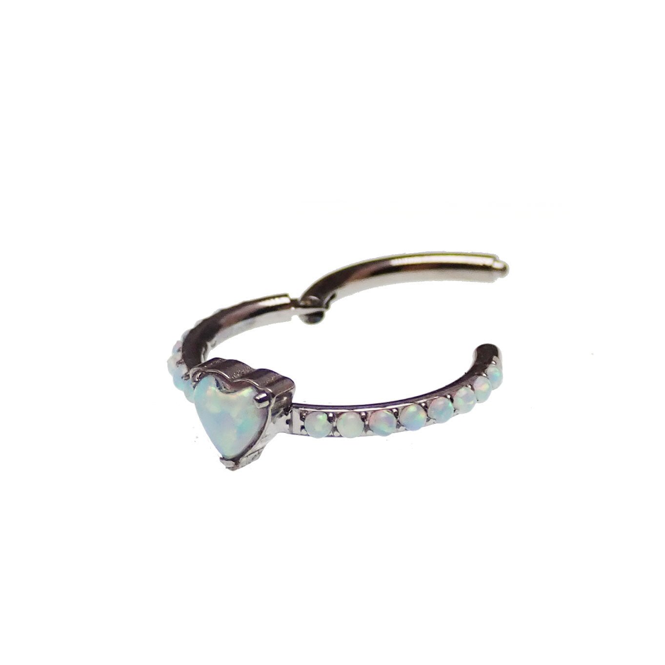 Titanium Heart Opal Hinged Clicker earring by Body Clickers, 16g, with an 8mm heart-shaped opal gemstone.