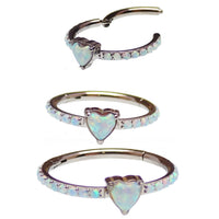 Titanium Heart Opal Hinged Clicker earring by Body Clickers, 8mm size, 16g gauge, with a heart-shaped opal gemstone.