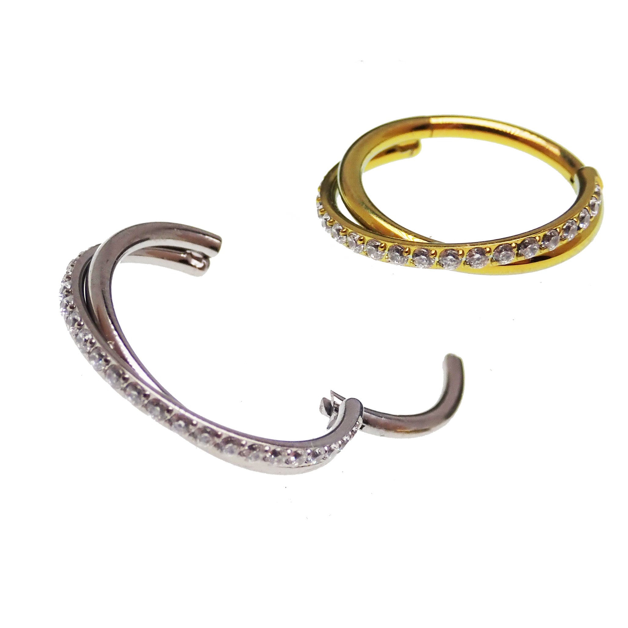 Hinged Twisted CZ Double Row Clicker piercing in 16g with 8mm body jewelry by Body Clickers, featuring sparkling crystal accents.