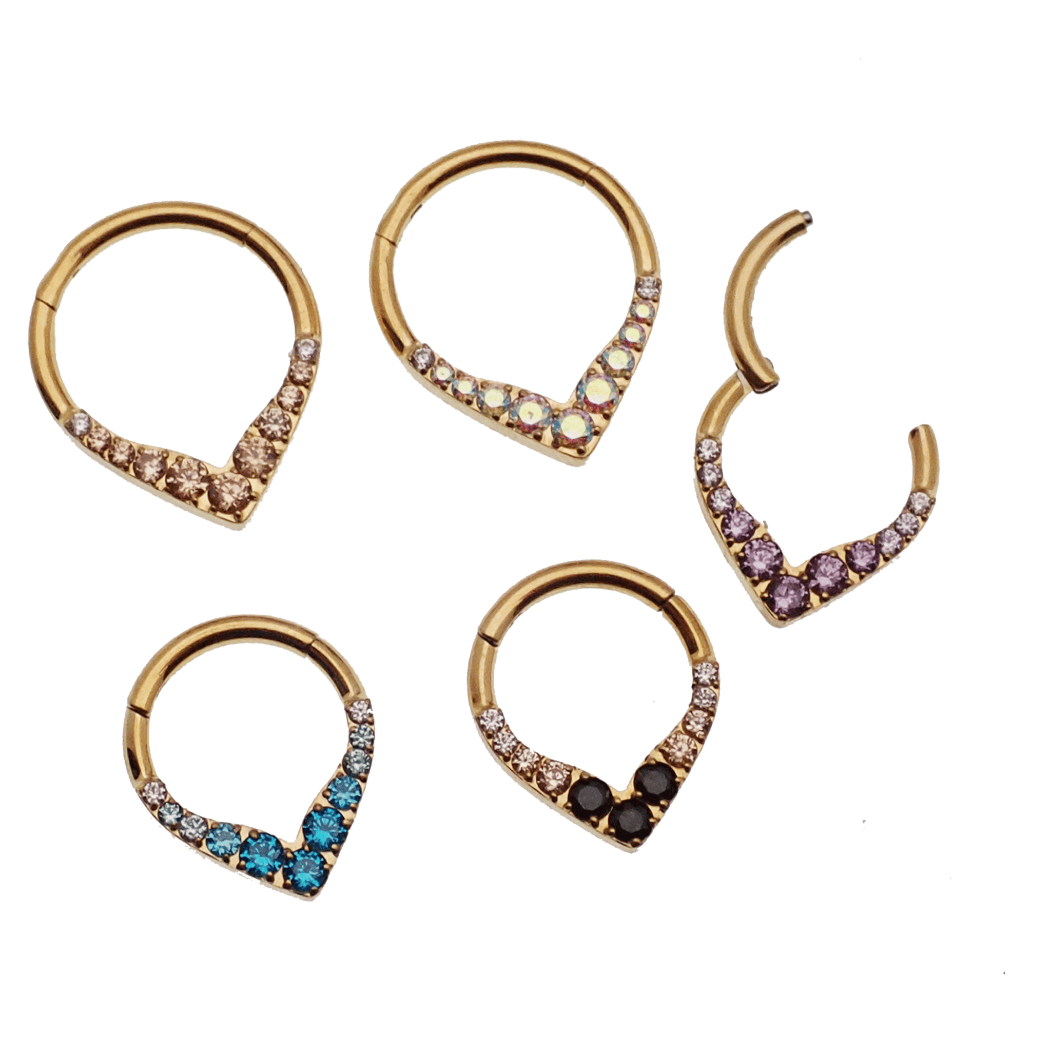 Gold titanium hinged clicker piercing with a 16g thickness, featuring a sleek design suitable for septum or daith piercings.