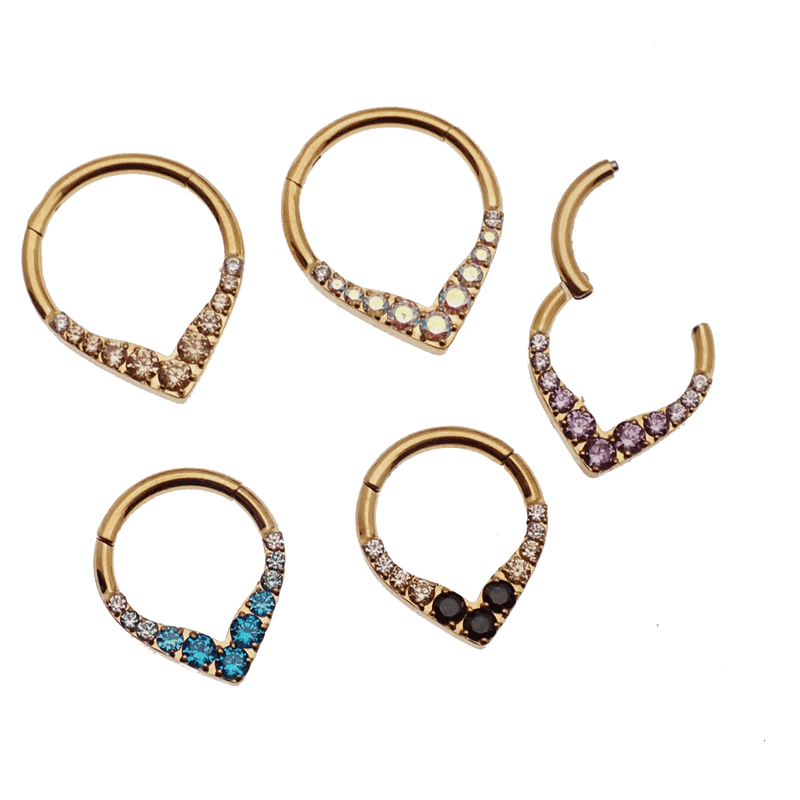 Gold titanium hinged clicker piercing with a 16g thickness, featuring a sleek design suitable for septum or daith piercings.