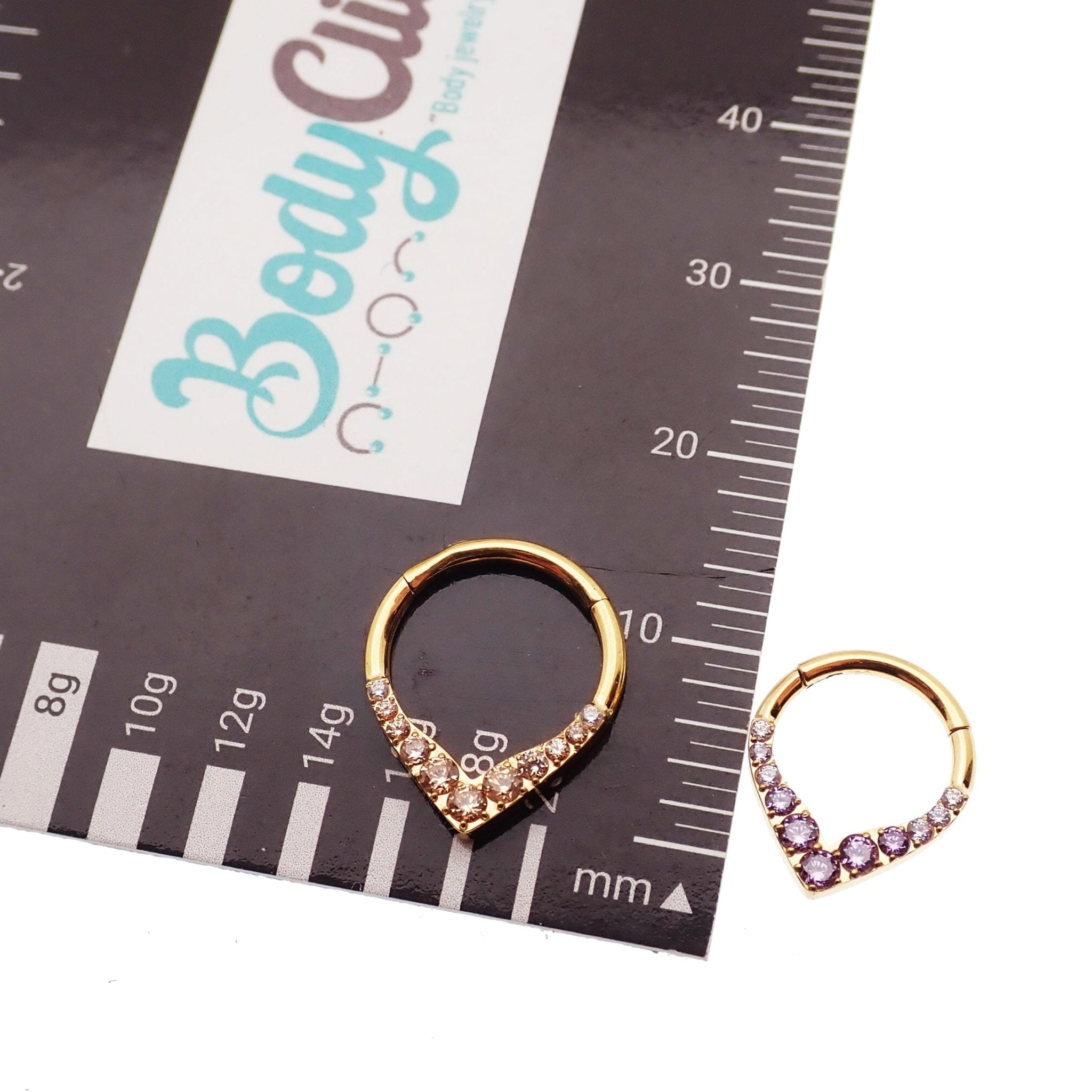 Gold titanium hinged clicker jewelry for septum and daith piercings, 16g Body Clickers PVD gold titanium design.