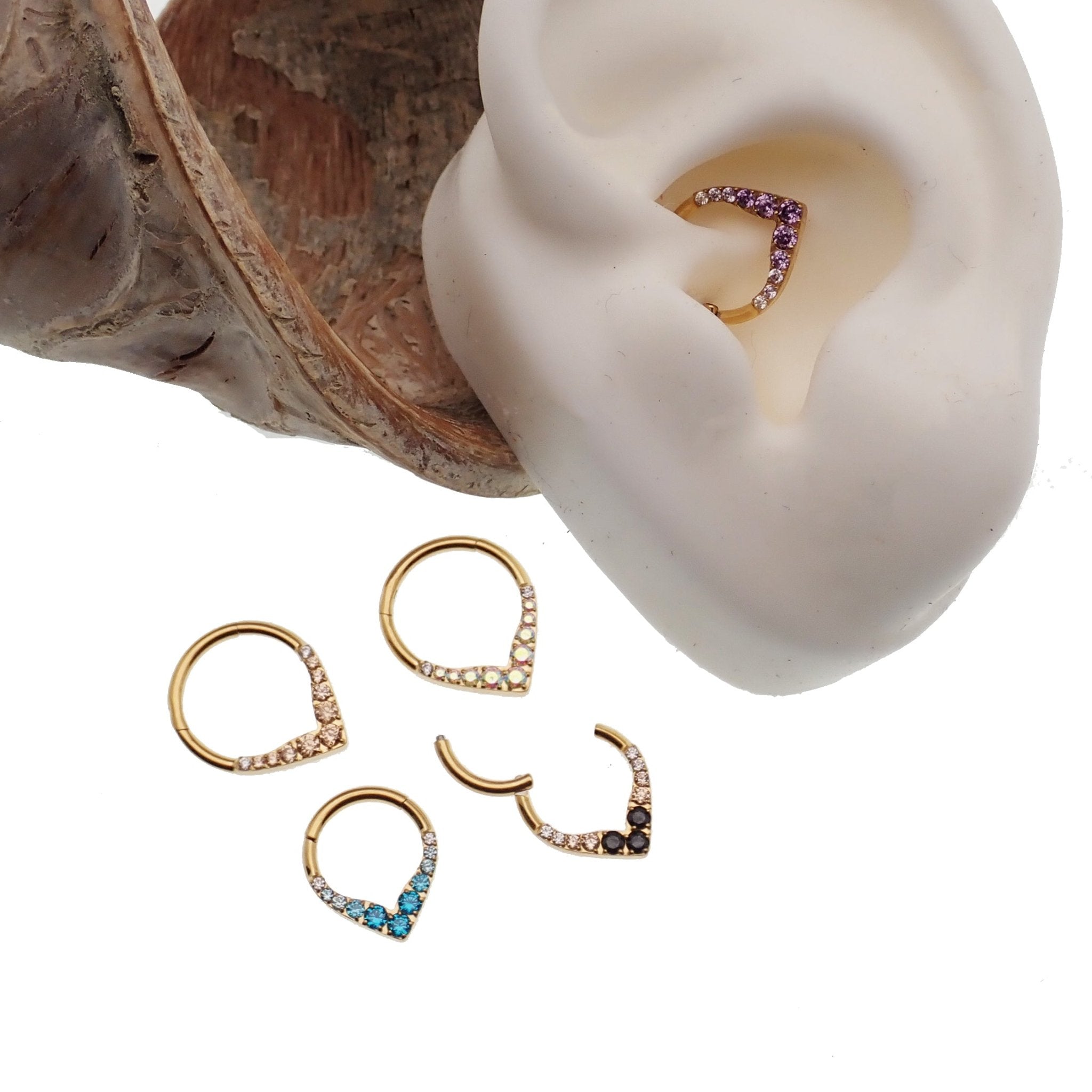 Gold titanium hinged clicker earring with CZ stones, 16g body jewelry for septum or daith piercings, by Body Clickers.